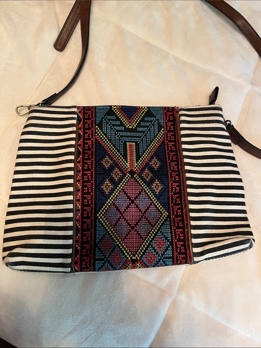 Striped Black & Multi-Color Embroidered Crossbody Bag